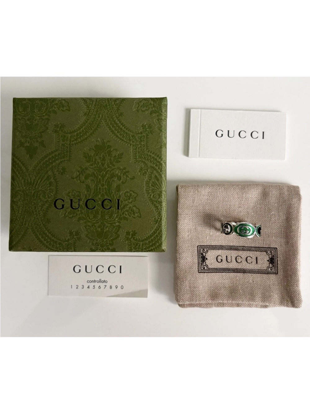 $360 GUCCI 925 Sterling Silver Green GG Chainlink Reversible Ring US 8.75 IT 19